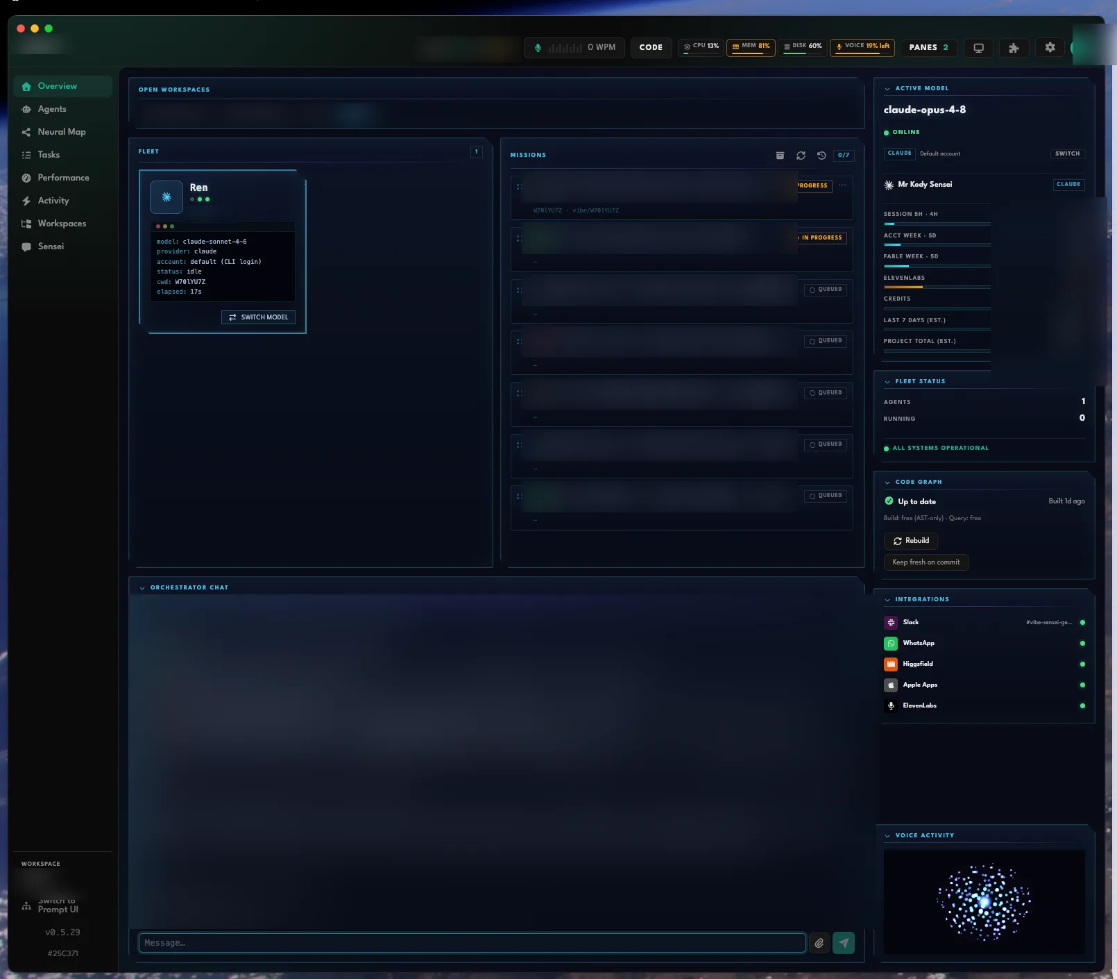 Vibe Sensei cockpit — live multi-agent mission board with orchestrator and worker panes (sensitive data redacted)